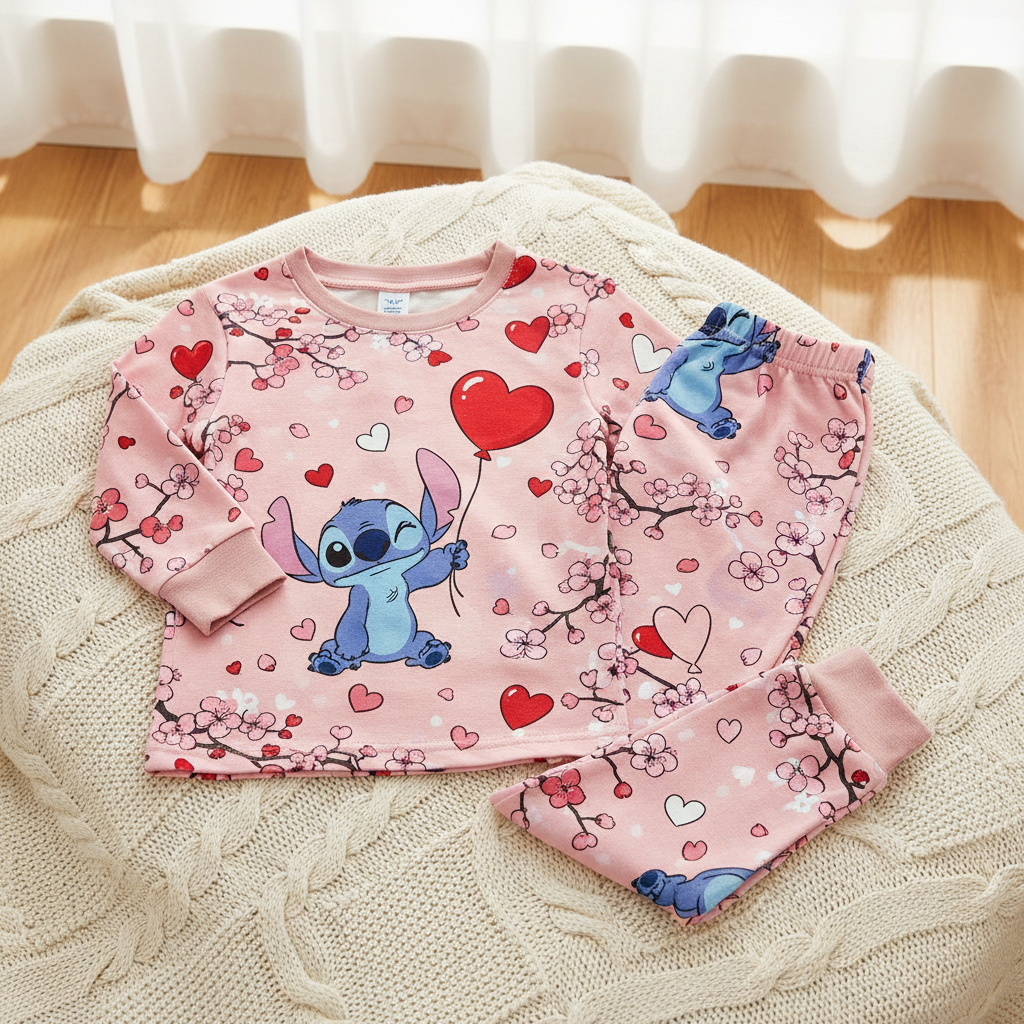 Cherry Blossom and Stitch Kids Valentine's Pajamas - Alternative Photo