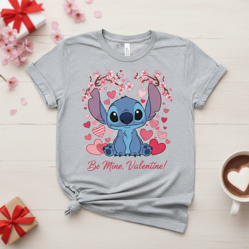 Cherry blossom and Stitch Valentine's Day shirt with hearts and pink flowers