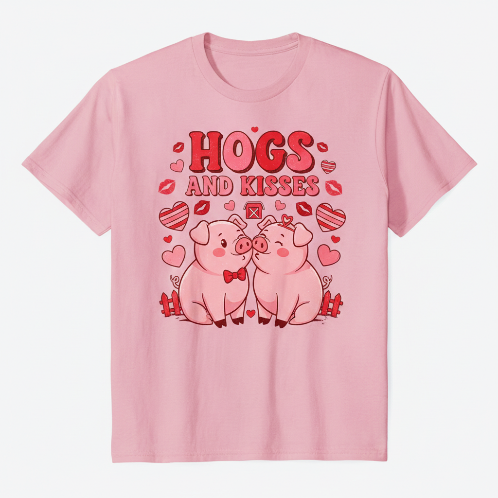 Hogs and Kisses Valentine's Day t-shirt with cute pigs and hearts