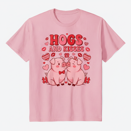 Hogs and Kisses Valentine's Day t-shirt with cute pigs and hearts