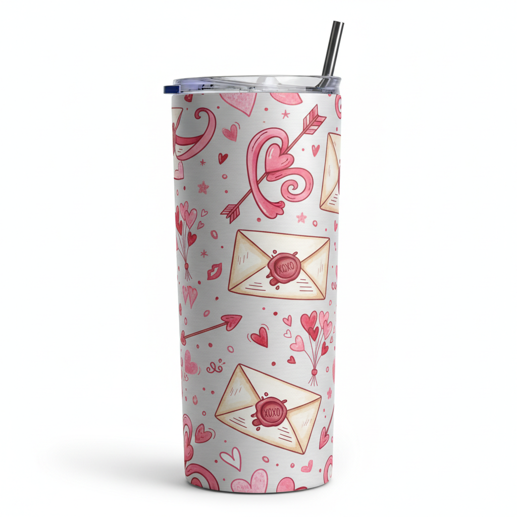 Valentine's Day tumbler with playful romantic graphics and heart patterns