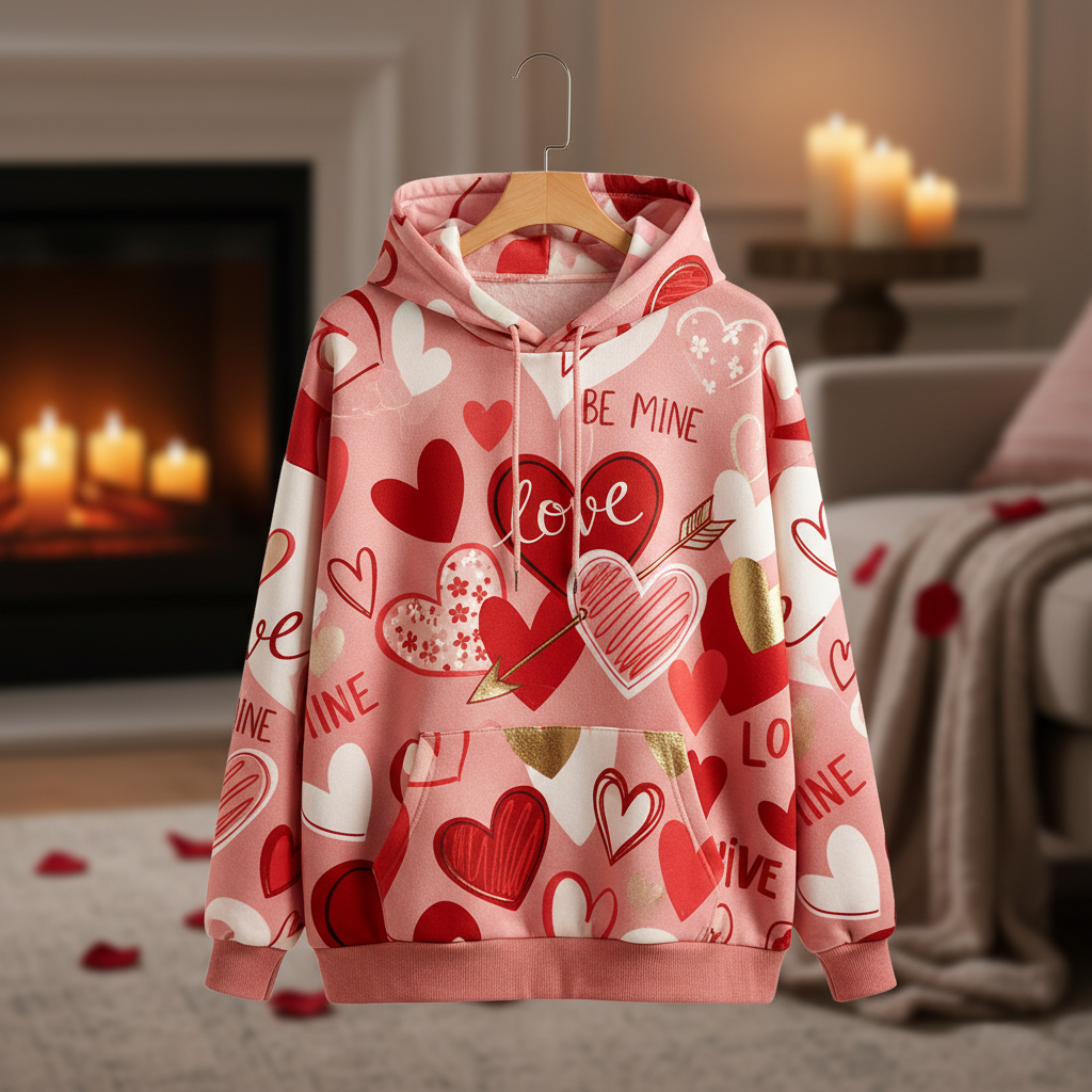 Valentine's Day hoodie with romantic heart designs in pink and red