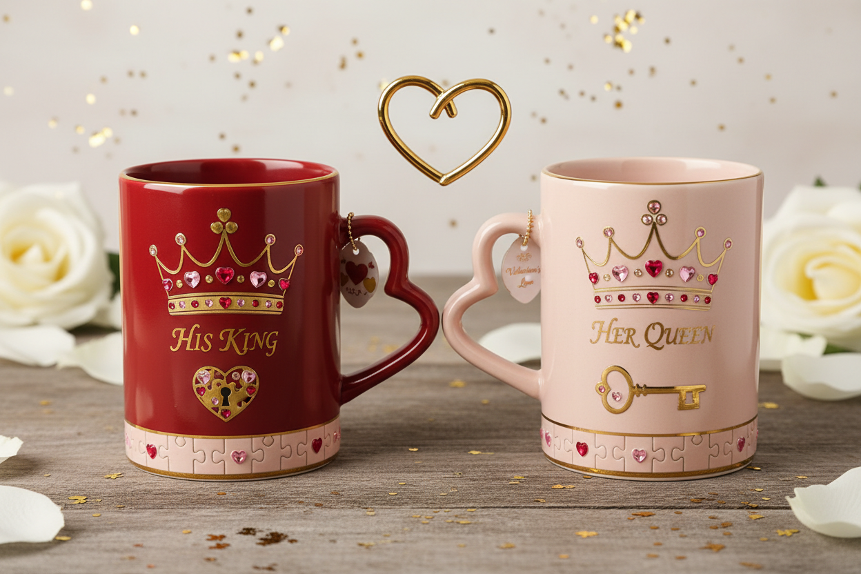 His & Hers Valentine's Day matching mug set with complementary romantic designs