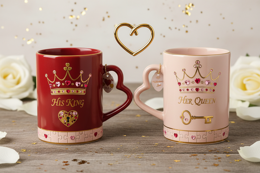His & Hers Valentine's Day matching mug set with complementary romantic designs