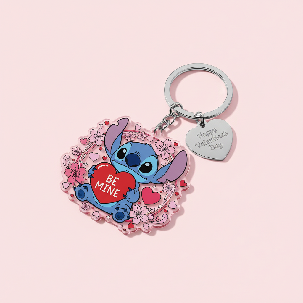 Personalized cherry blossom and Stitch Valentine's Day keychain with hearts