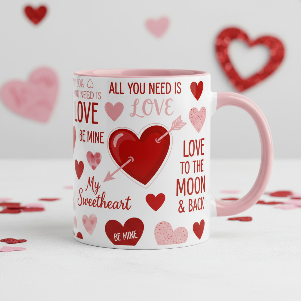 Valentine's Day coffee mug with romantic love quotes and heart designs