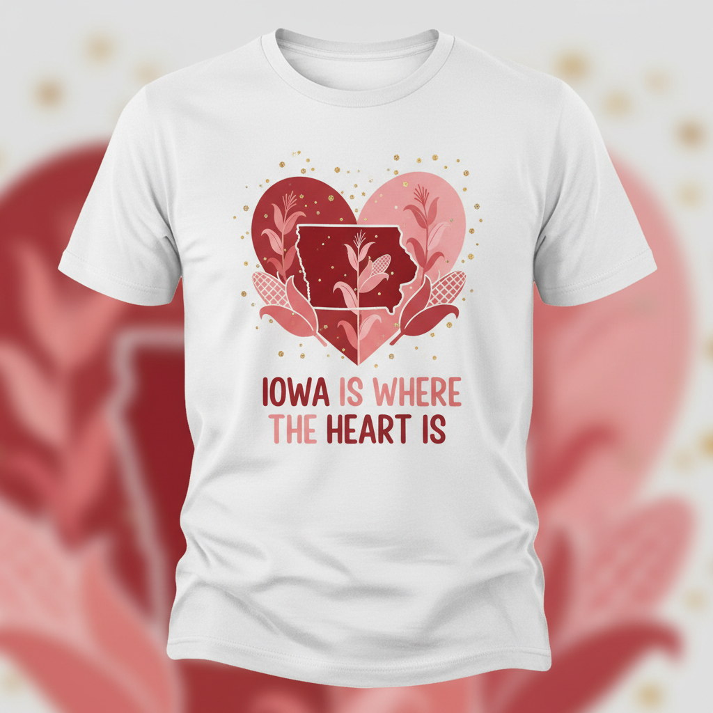 White Iowa Valentine's Day t-shirt with red and pink heart design