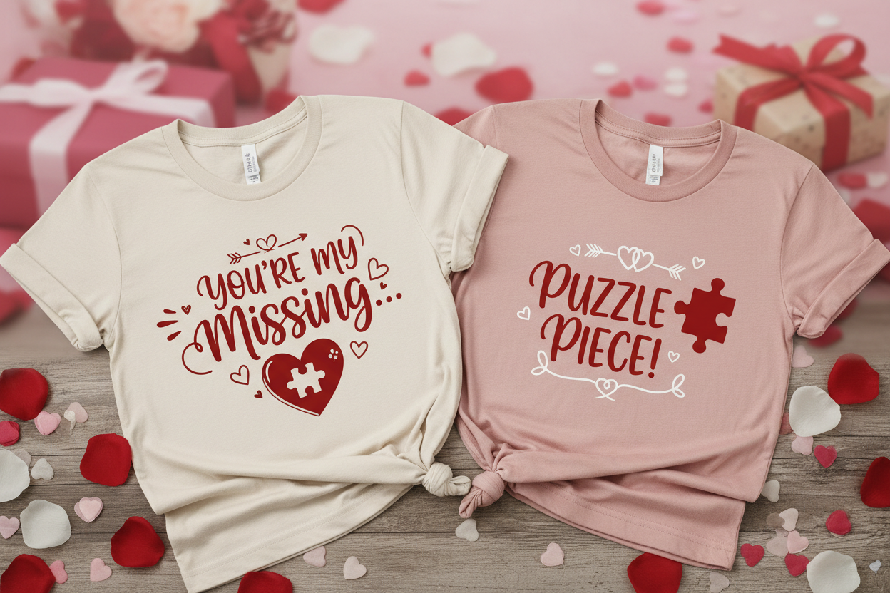 Couples matching Valentine's Day shirt set with complementary romantic designs