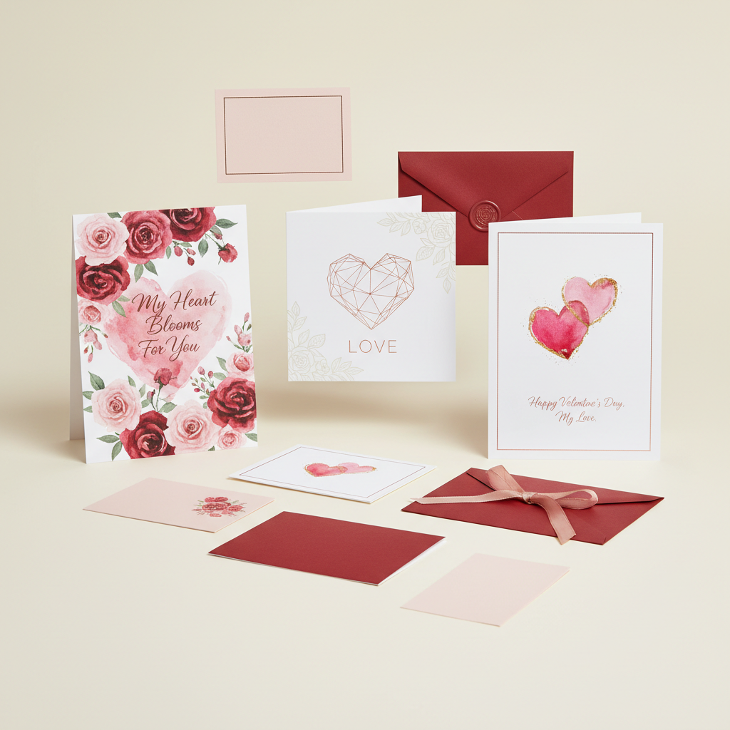 Valentine's Day greeting card pack with elegant romantic designs and floral elements