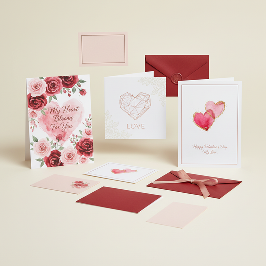 Valentine's Day greeting card pack with elegant romantic designs and floral elements