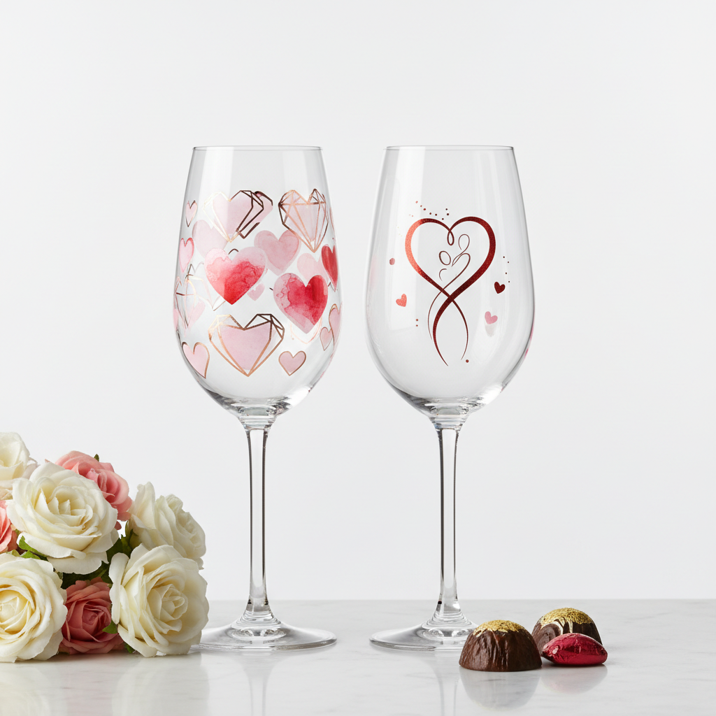Valentine's Day wine glass set with modern romantic designs and metallic accents